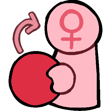 a pink figure with a venus/female sign on her face holding a red ball with a pink arrow pointing from the ball to the figure